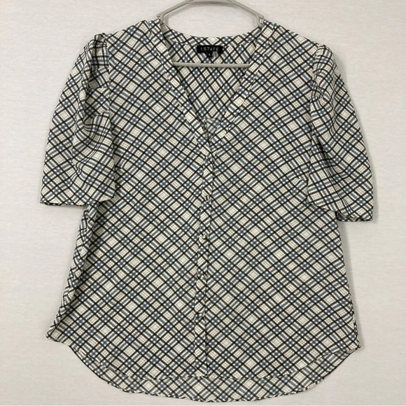 1. State Plaid V Neck Soft Lightweight Short Sleeve Button Down Large - Picture 1 of 10
